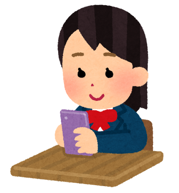 学校でスマートフォンを使う学生のイラスト（女子・ブレザー）